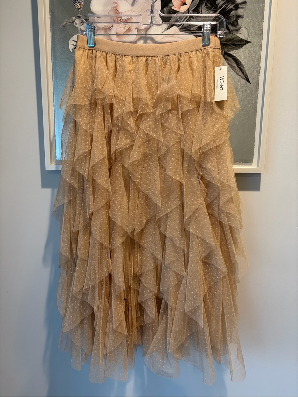 NWT WD.NY Beige Tulle Polka Dot Tiered Ruffle Midi Skirt Size Small - Picture 2 of 5